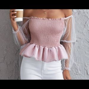Smocked Off-The-Shoulder Polka Dot Mesh Sleeve Top